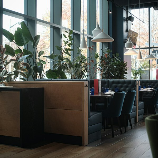 Booth seating surrounded by plants