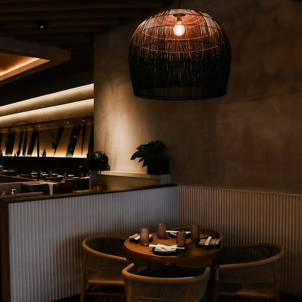 Dining hall with pendant lights